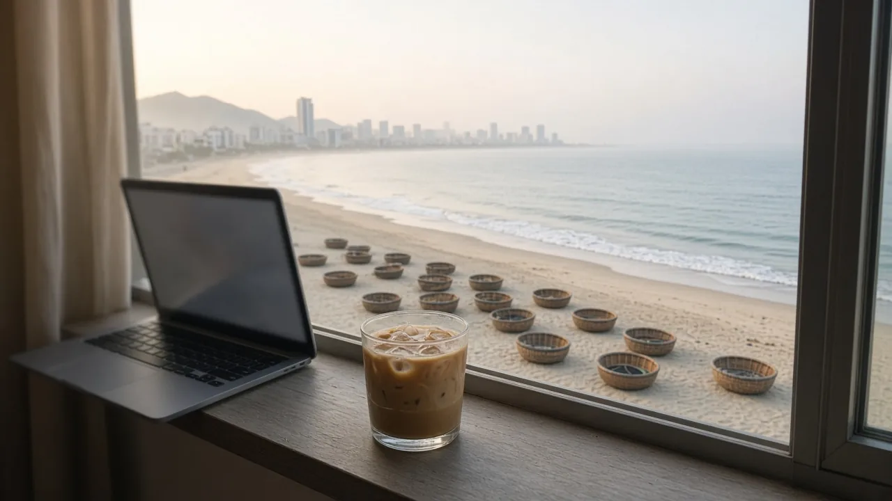 Da Nang cost of living for digital nomads: a My Khe beach apartment window at sunrise