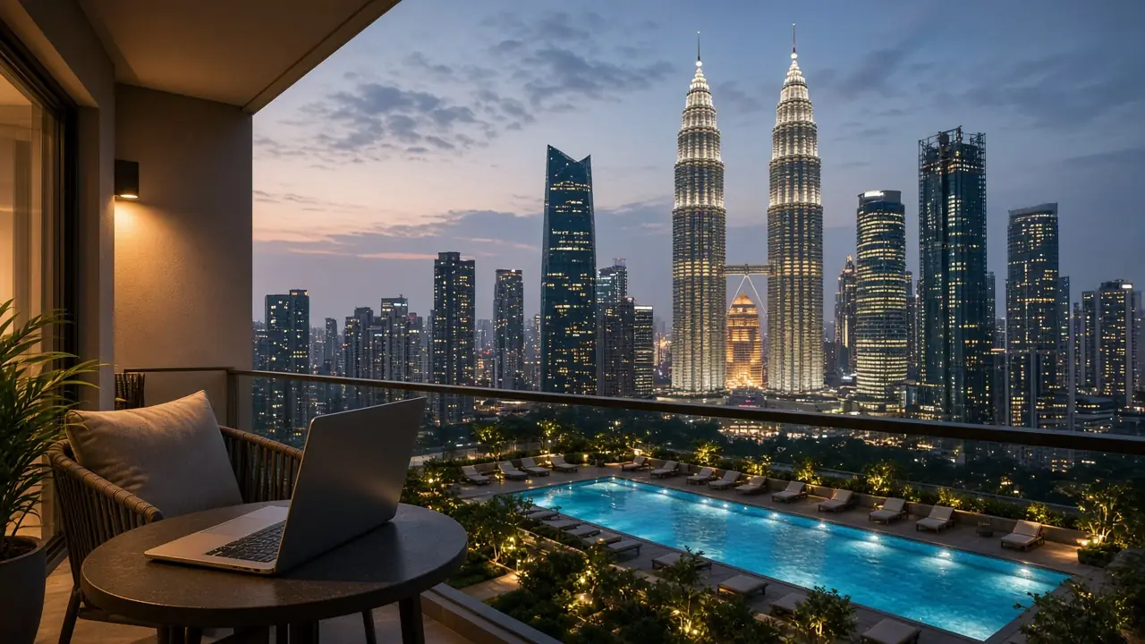 Kuala Lumpur cost of living for digital nomads: a furnished KLCC condo balcony at dusk