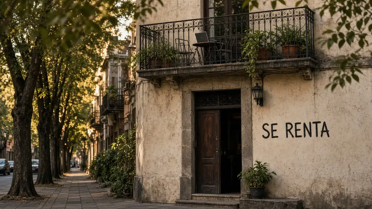 Living in Mexico City on $3,000 a month: a Roma Norte balcony above a SE RENTA sign