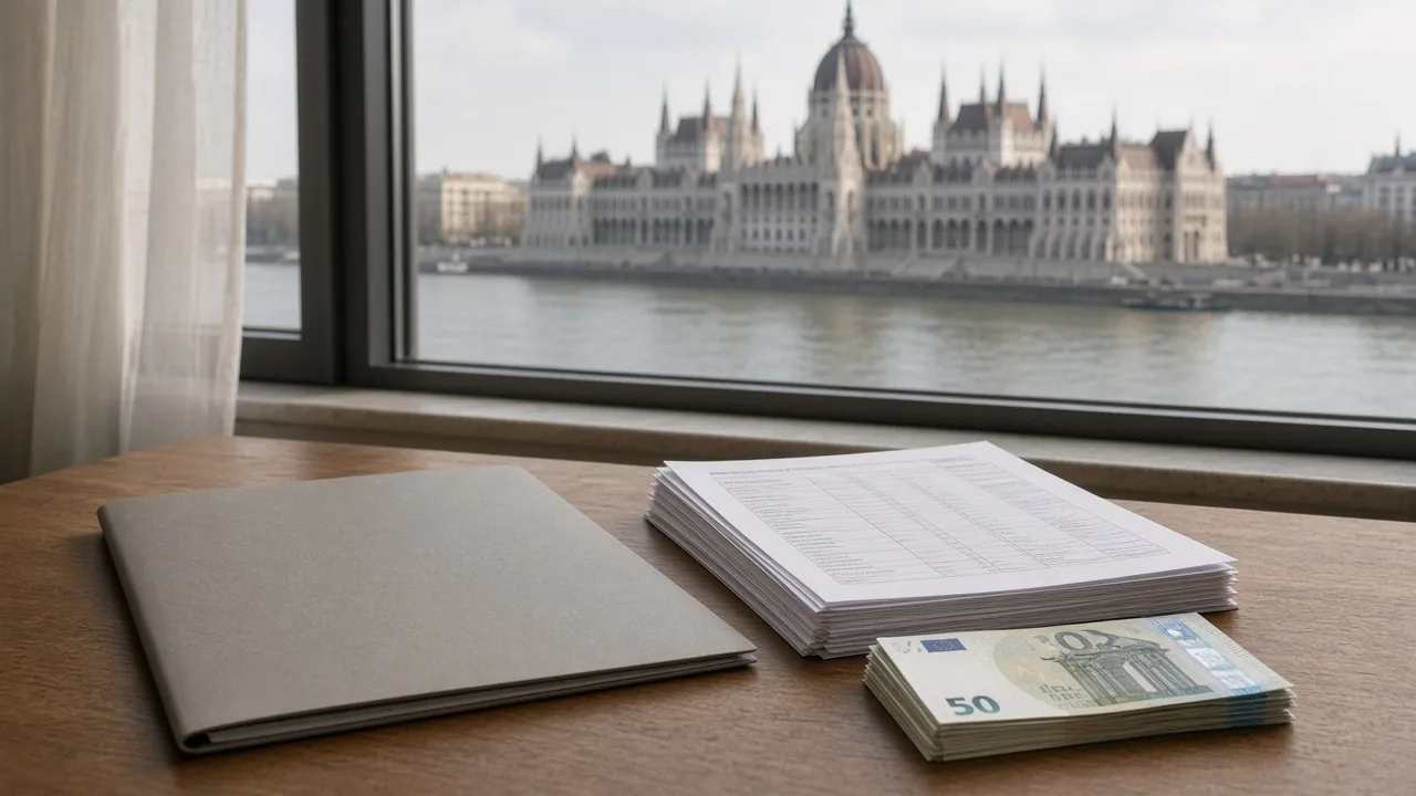 Hungary White Card income requirement: six months of bank statements on a Budapest desk
