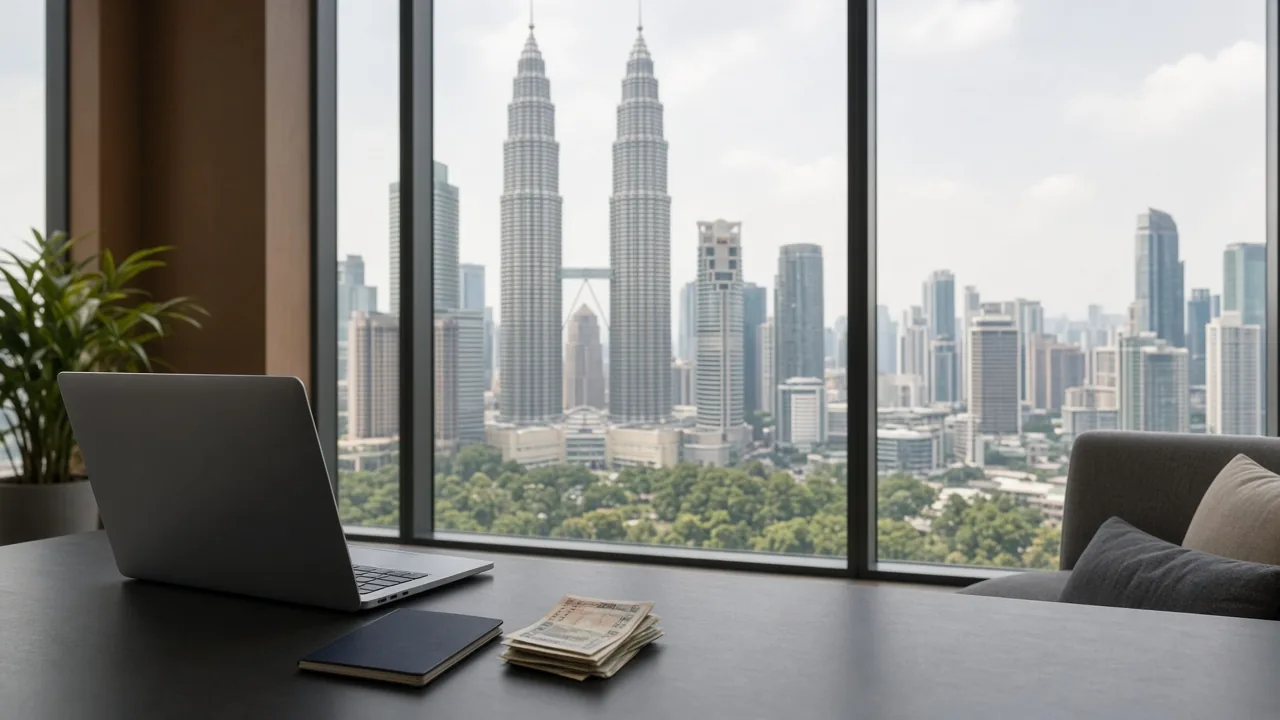 DE Rantau Nomad Pass income requirement: a Kuala Lumpur coworking desk facing the Petronas Towers