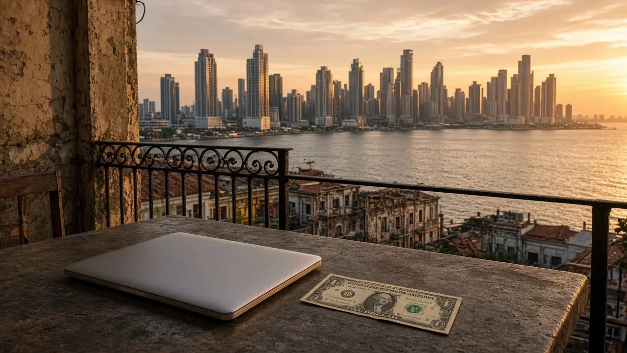 Panama digital nomad visa income requirement: laptop and a dollar bill on a Casco Viejo cafe table