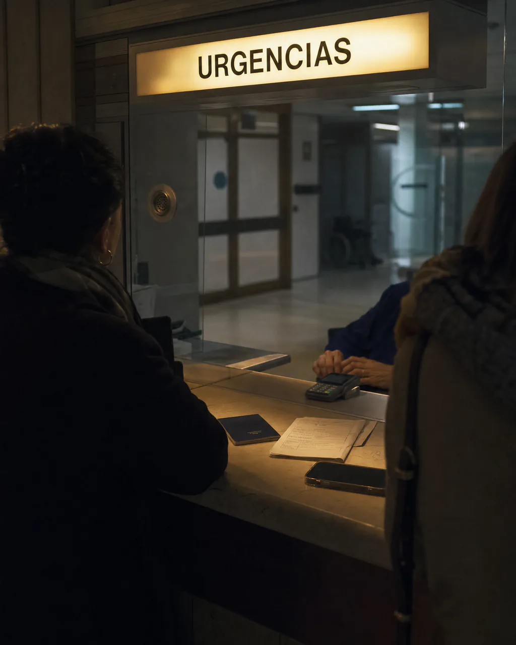 Nomad travel insurance comparison: the emergency admissions desk of a hospital in Madrid at night, a passport and an insurance certificate on the counter