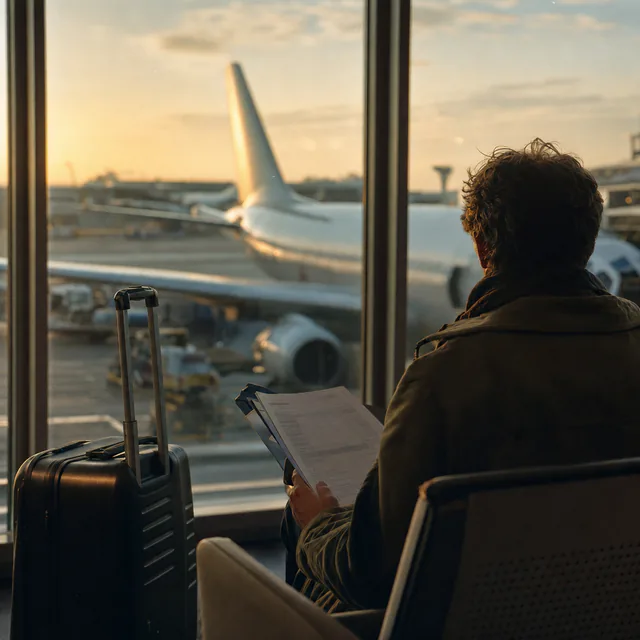 A traveller with a suitcase and an itinerary folder waiting at an airport gate at golden hour