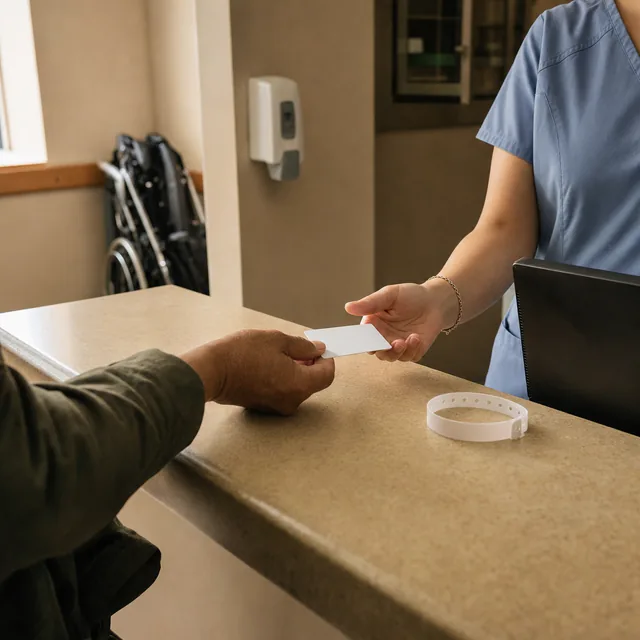 A patient sliding a membership card across a hospital reception counter to a clerk in scrubs