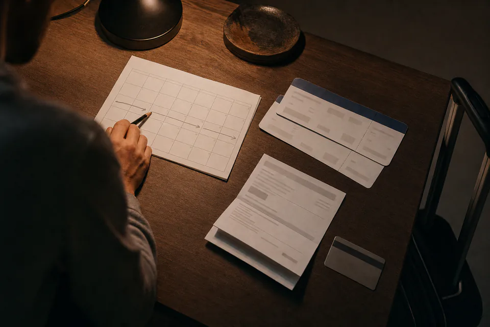 Boarding passes, a hotel confirmation, a card and a calendar with two weeks marked on a desk
