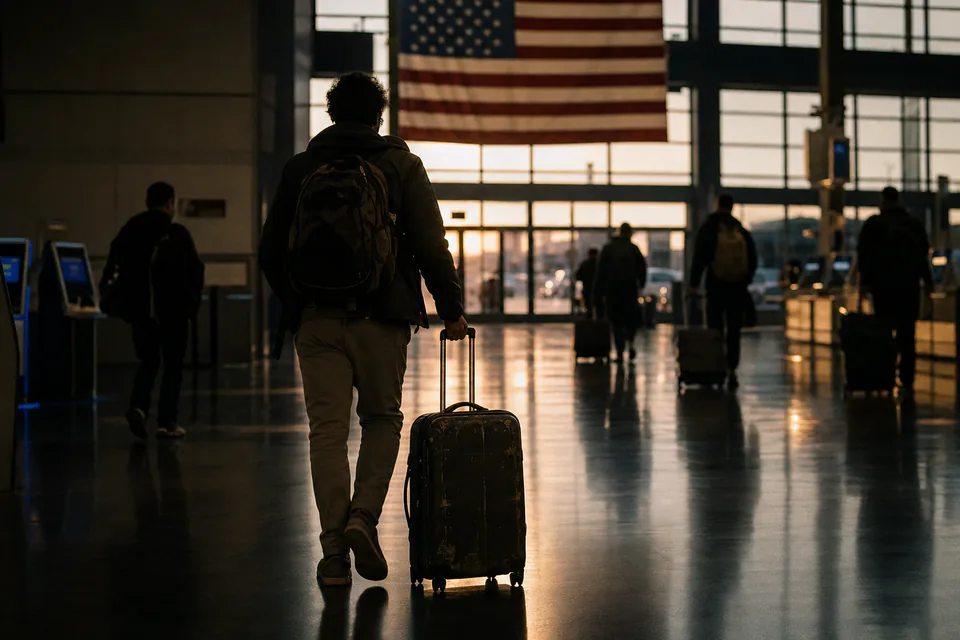 A traveller wheeling a suitcase through a US airport arrivals hall at dawn, a flag hanging overhead
