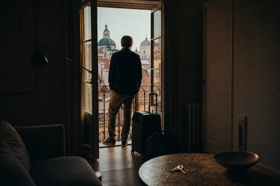 A man with a carry-on suitcase at the balcony door of a rented Madrid apartment, looking over the rooftops